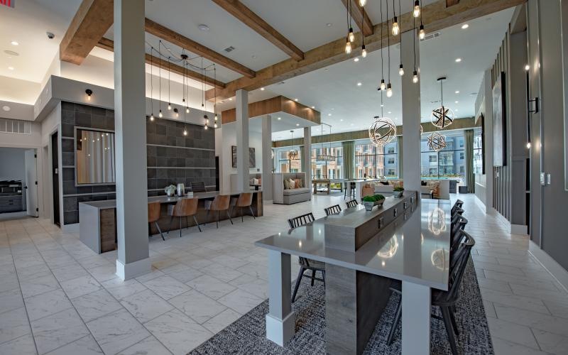 a clubhouse with a table and chairs